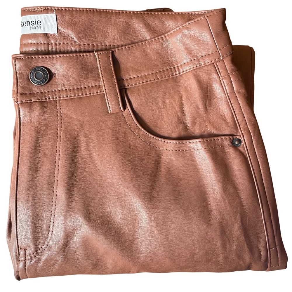 Kensie Women Faux Leather Pants Cognac Brown Straight Leg‎ Vegan Moto 26